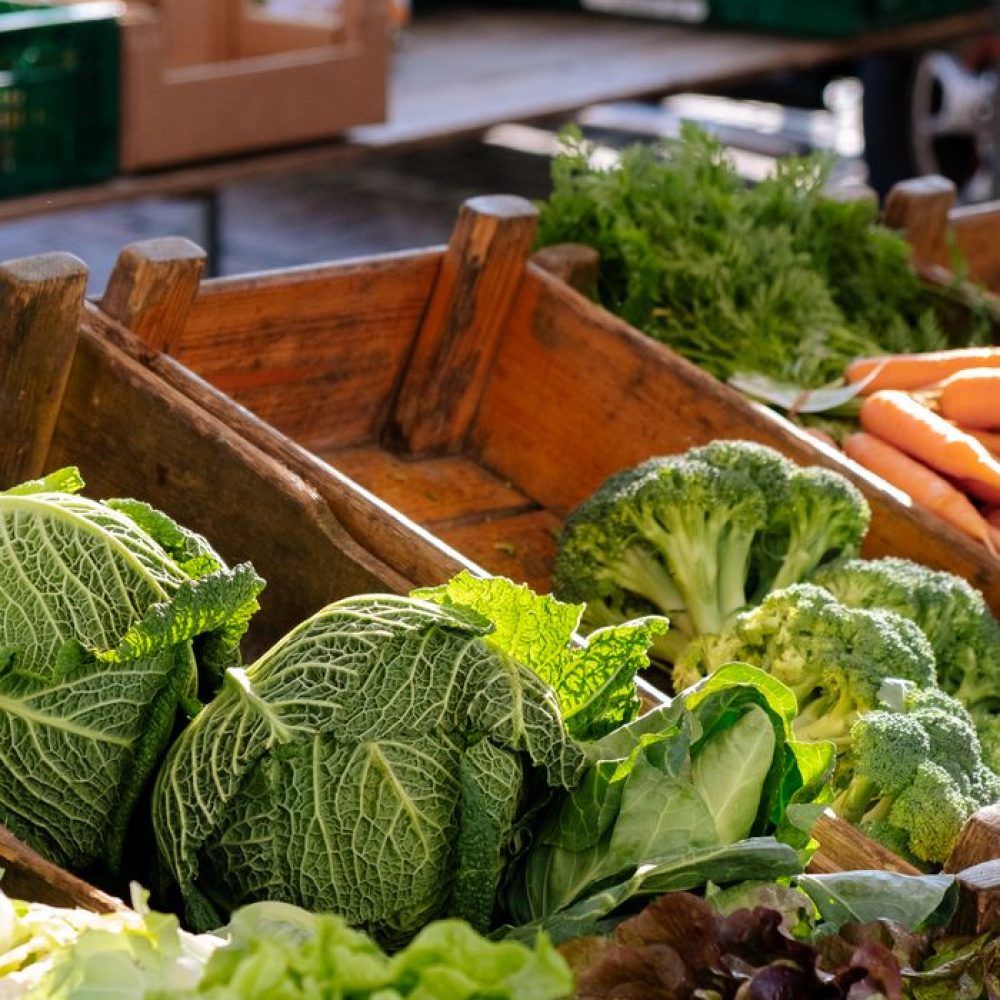 A vibrant display of fresh organic vegetables including cabbage, broccoli, and carrots at an outdoor market.
